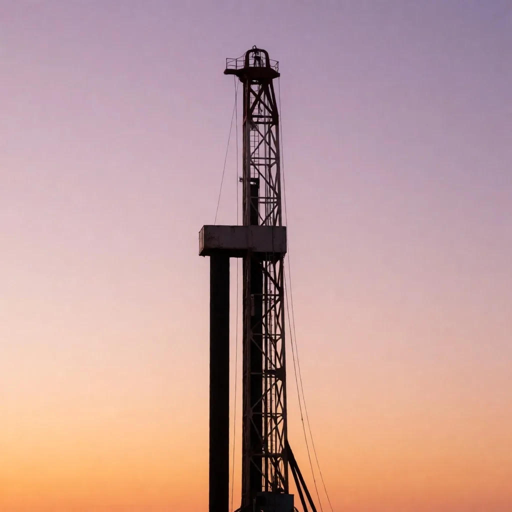 Torre de perforación recortada contra el cielo del atardecer neuquino