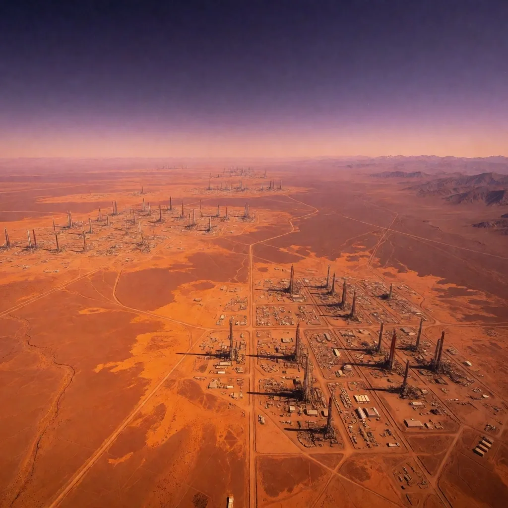 Vista aérea de instalaciones de extracción en la Cuenca Neuquina al atardecer