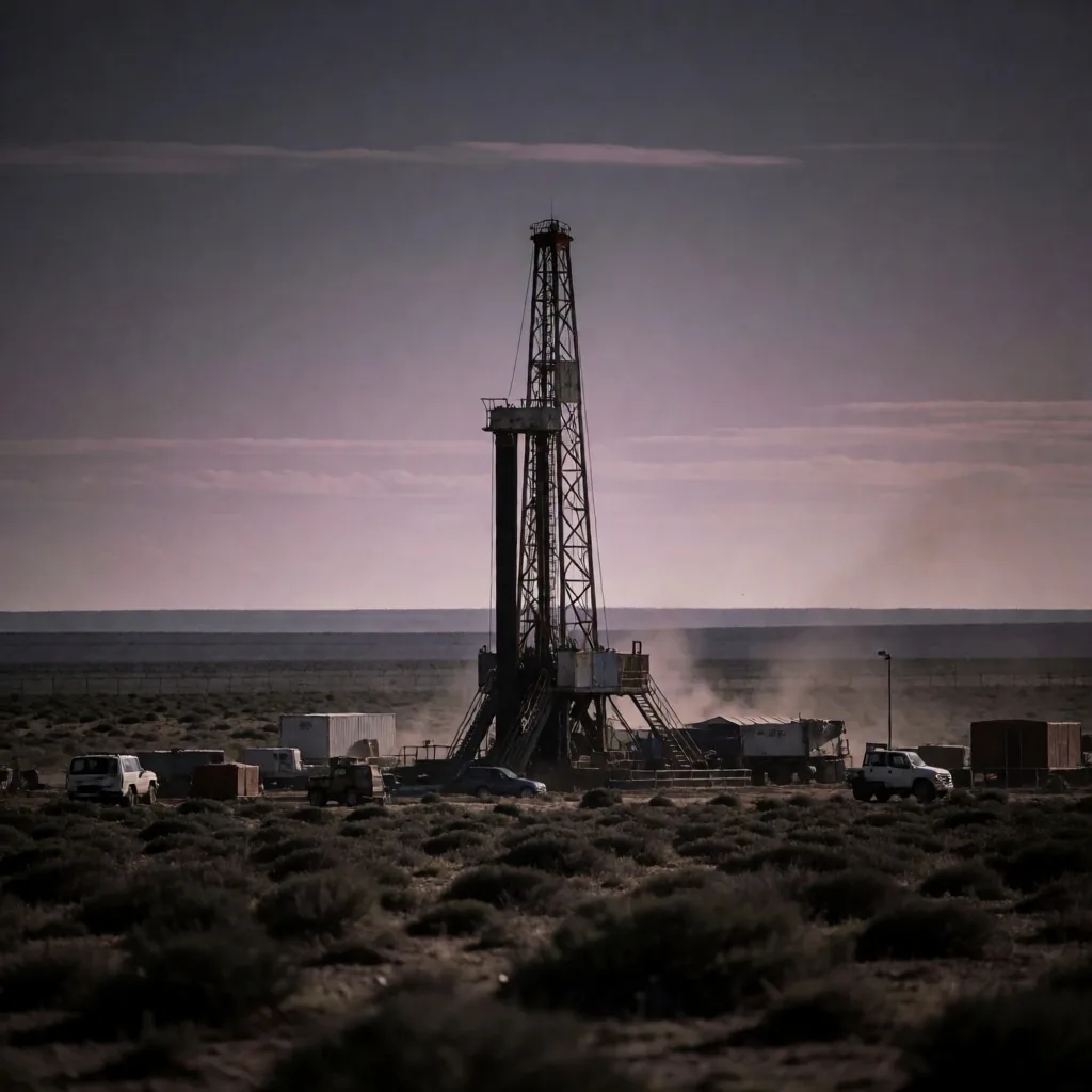 Plataforma de perforación en la cuenca del Neuquén al atardecer