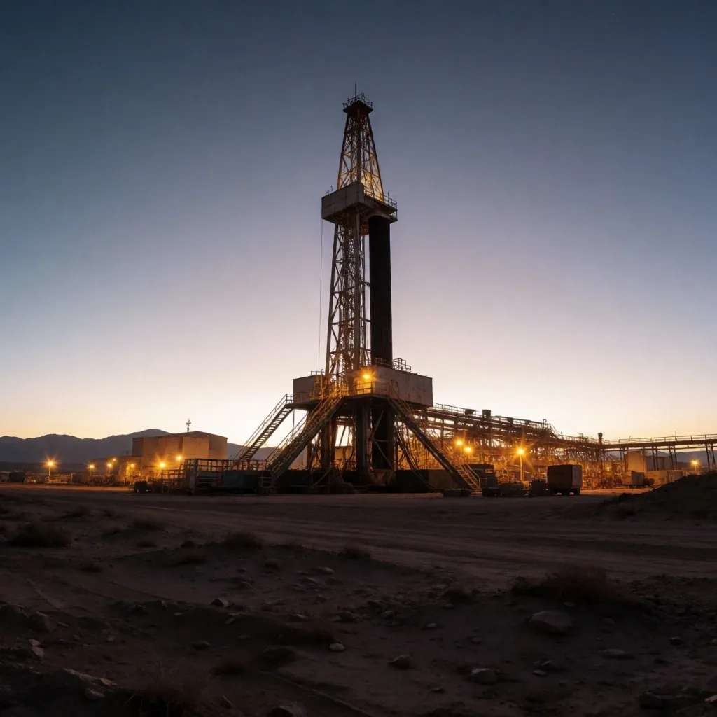 Plataforma de perforación en Vaca Muerta al atardecer